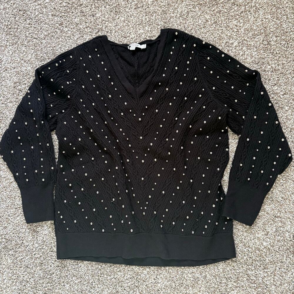 Chico’s Gold Studded Black Cable Knit Sweater Women’s XL Black V-Neck Rock Glam - Picture 1 of 8